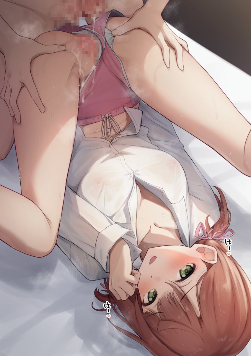 1boy blush breasts censored clothed_sex clothing_aside commentary_request covered_nipples cum cum_in_pussy cum_string female green_eyes hair_ribbon highres large_breasts long_sleeves looking_at_viewer love_live! love_live!_nijigasaki_high_school_idol_club low_twintails lying mosaic_censoring navel on_back on_bed paid_reward_available panties panties_aside pink_ribbon pink_shorts pussy red_hair ribbon shirt short_hair short_shorts short_twintails shorts shorts_aside spread_pussy steaming_body stomach straight thighs toyasu_aina twintails uehara_ayumu underwear upside-down white_panties white_shirt