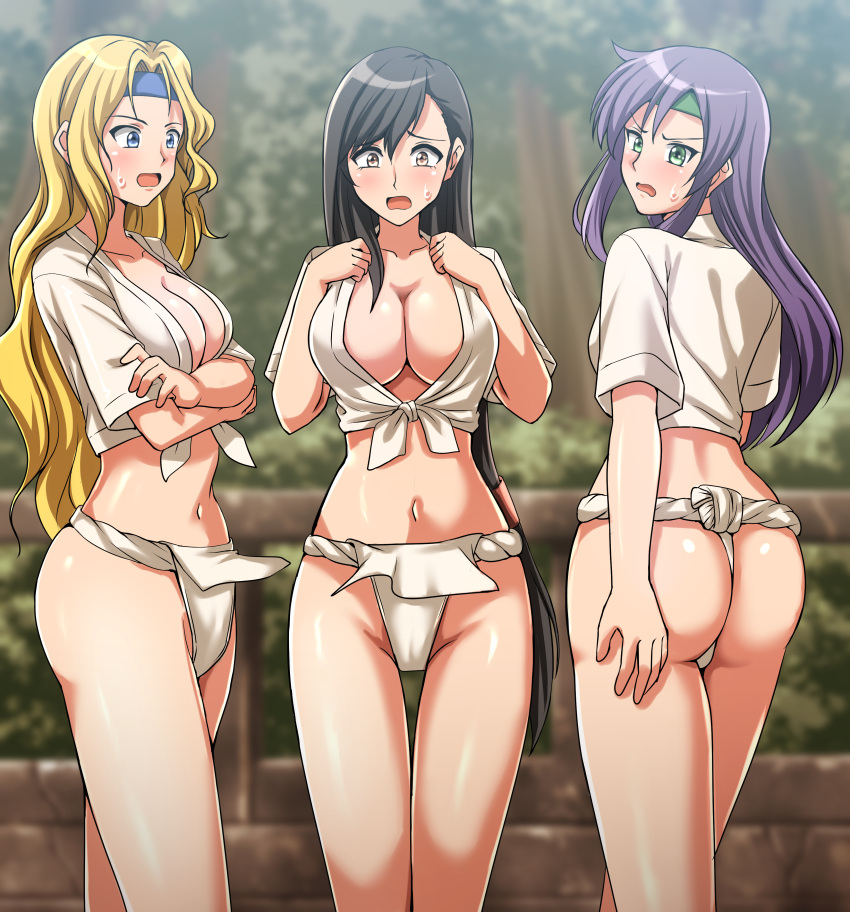 3girls absurd_res accidental_exposure ass big_breasts black_hair blonde_hair blue_eyes blurry_background blush breasts brown_eyes celes_chere cleavage commentary company_connection crossover embarrassed faris_scherwiz female female_only final_fantasy final_fantasy_five final_fantasy_vi final_fantasy_vii fundoshi green_eyes happi headband hi_res japanese_clothes long_hair midriff nanashi79410097 navel outdoors pelvic_curtain purple_hair request revealing_clothes shocked sidelocks square_enix standing sweat tifa_lockhart variant_set very_long_hair wind_lift