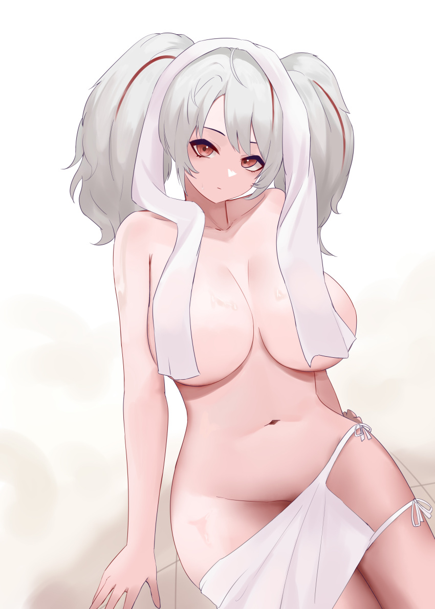 1girls absurdres arms_behind_back azur_lane breasts expressionless female from_above groin hair_between_eyes highres hip_focus iron_blood_(azur_lane) large_breasts light-skinned_female light_skin long_hair looking_at_viewer looking_up multicolored_hair naked_towel navel obniermarbiss on_floor orange_eyes prinz_adalbert_(azur_lane) prinz_adalbert_(bathroom_slip-up)_(azur_lane) red_hair sitting staring streaked_hair towel towel_around_neck towel_on_head twintails two-tone_hair white_hair white_towel