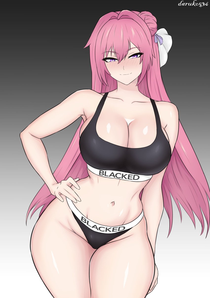 1girls blacked blacked_clothing breasts daruko536 dorothy_(nikke) female goddess_of_victory:_nikke large_breasts light-skinned_female light_skin long_hair panties pink_hair purple_eyes raceplay sports_bra sportswear