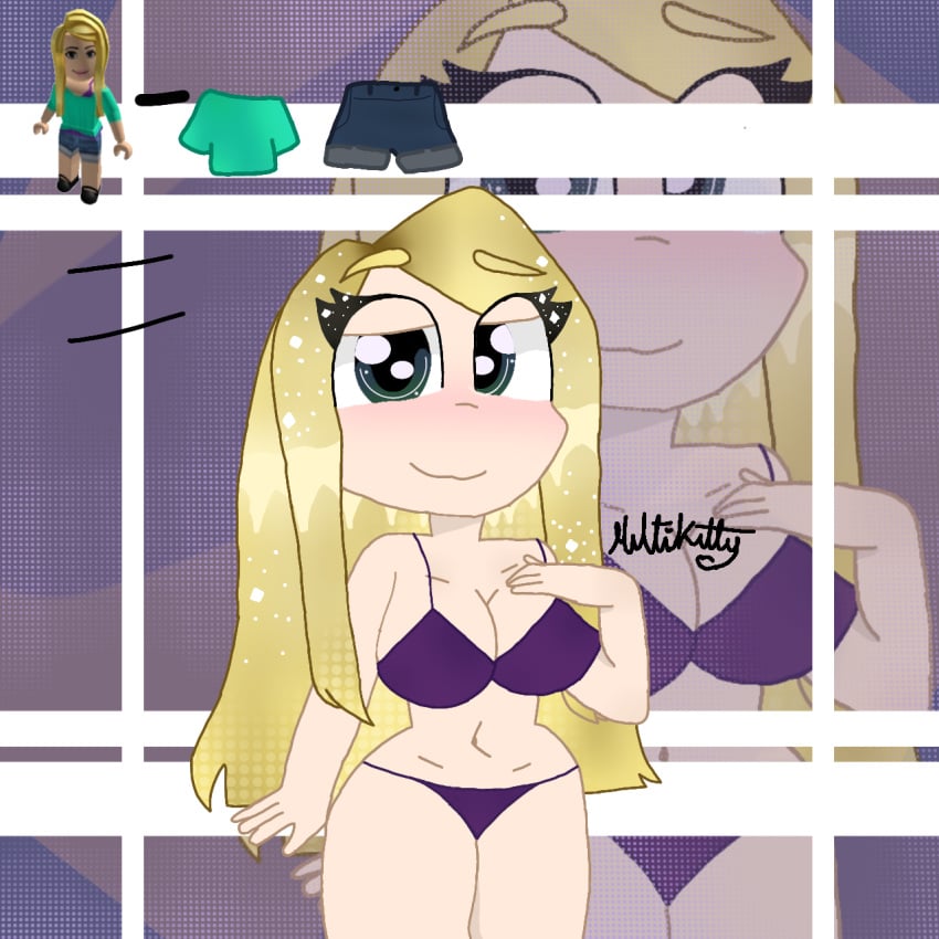 bikini blonde_hair female female_only green_eyes light_skin multikitty noodle_hair purple_bikini purple_bra purple_panties roblox roblox_avatar robloxian