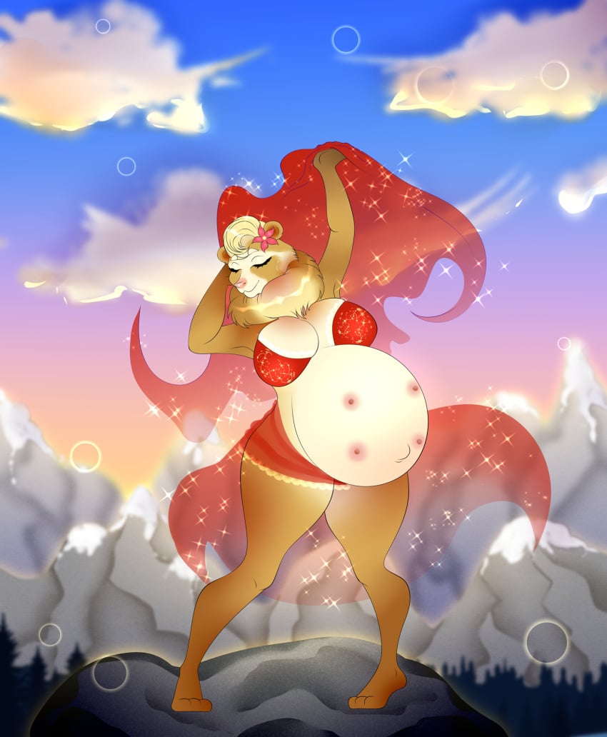 anthro bear belly bertyborts big_belly big_breasts breasts dancing dee_(david100) female hi_res mammal mountain navel pregnant pregnant_anthro pregnant_female solo