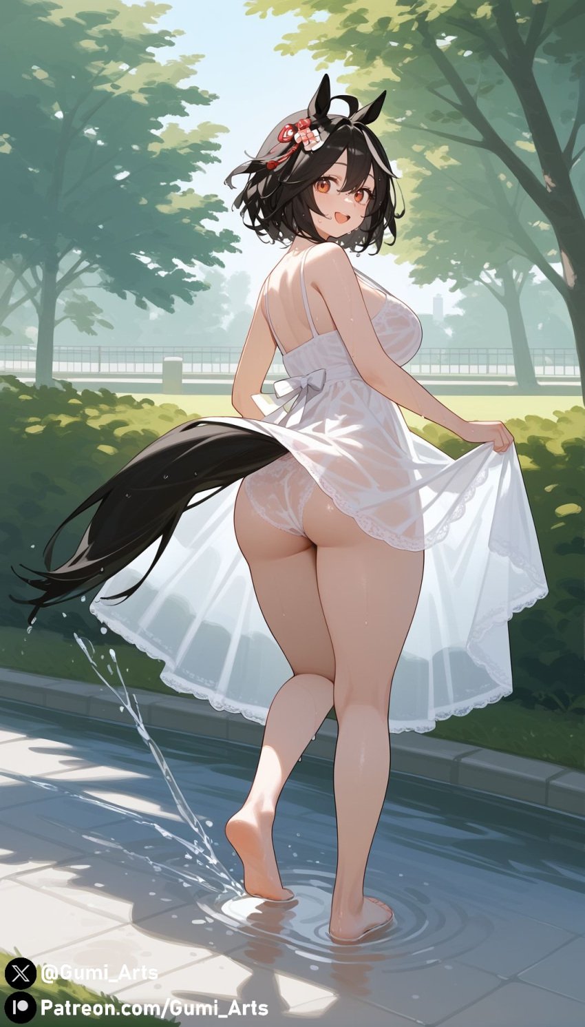 ai_generated black_hair gumi_arts horse_ears horse_girl horse_tail kitasan_black_(umamusume) large_breasts outdoors panties puddle see-through smile stable_diffusion sundress thick_thighs umamusume umamusume_pretty_derby water_splash wet