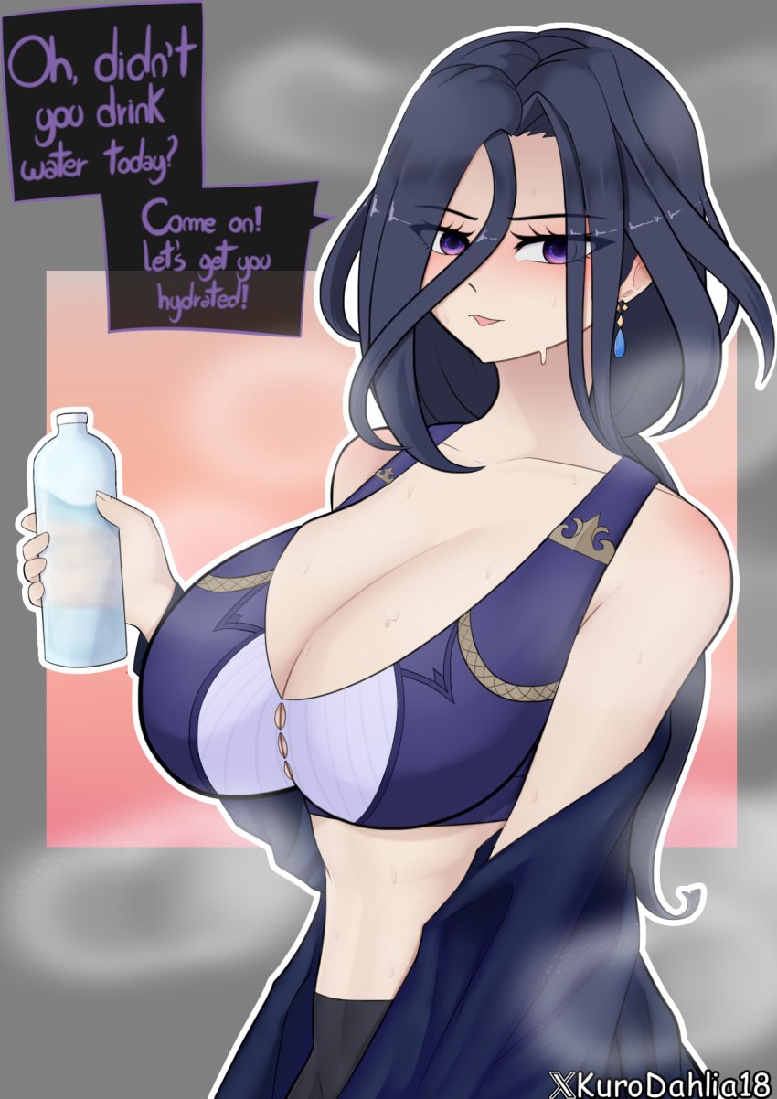 big_breasts blouse breasts breasts_bigger_than_head cleavage cleavage_overflow clorinde_(genshin_impact) dress female female_focus genshin_impact gym_clothes gym_uniform jacket kurodahlia18 large_breasts looking_at_viewer off_shoulder solo_female steam steaming_body sweat sweatdrop sweating talking talking_to_viewer water_bottle