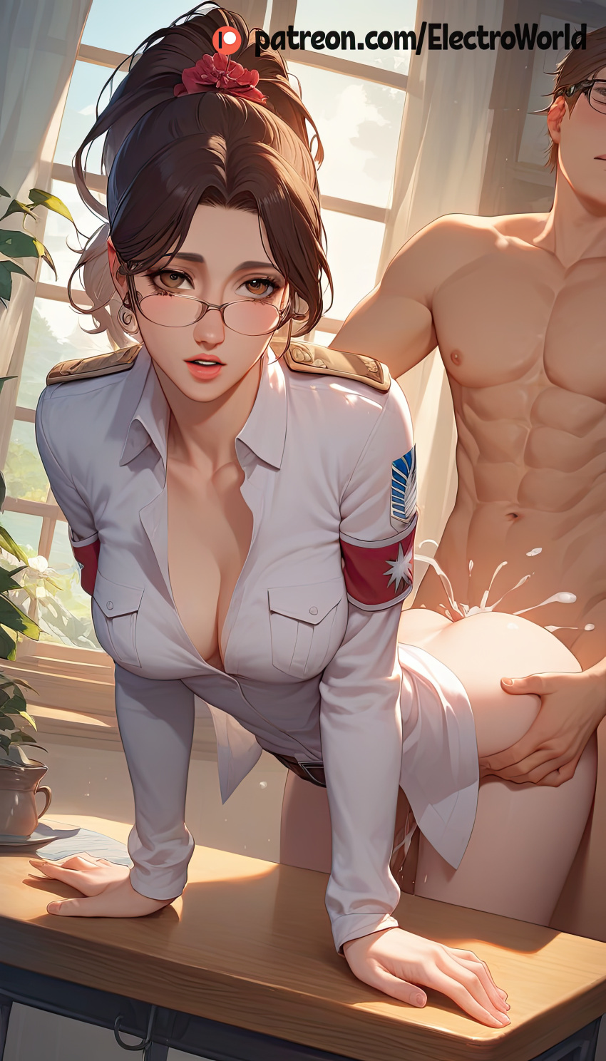 1boy 1girl 1girls ahe_gao ai_generated attack_on_titan bent_over bottomless cum cum_in_pussy doggy_style electroworld hanji_zoe moaning nude orgasm_face penetration perfect_body pussy_juice sex sperm standing_sex