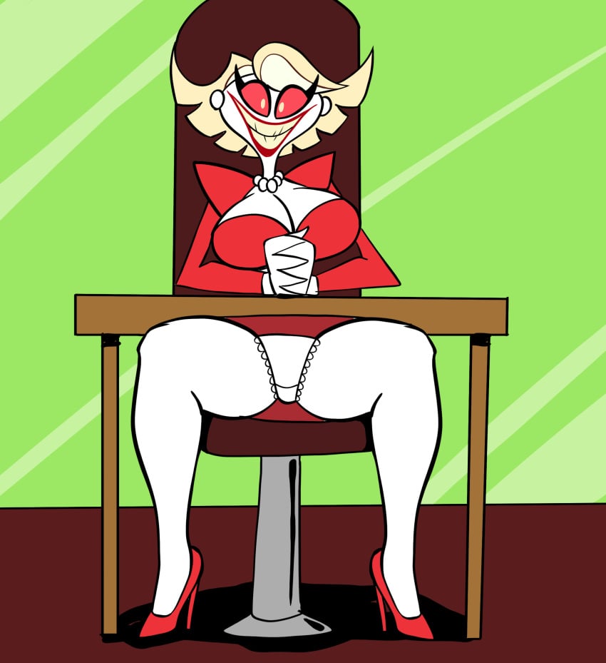 hazbin_hotel katie_killjoy panties pantyshot simple_background solo spread_legs thick_thighs upskirt whitepanties