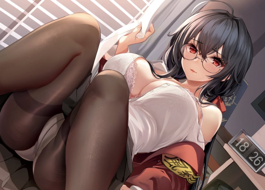 1girls ahoge armband azur_lane bare_shoulders black_hair black_hair_female black_legwear black_pantyhose black_skirt bra breasts brown_pantyhose classroom cleavage cleft_of_venus clock crossed_bangs crotch_seam curtain_grab curtains day dutch_angle eyebrows_visible_through_hair female fine_fabric_emphasis glasses hair_intakes hair_ribbon holding huge_ahoge indoors jacket knees_up lace lace_bra lace_underwear laced_bra laced_underwear large_breasts leaning_back legwear light-skinned_female light_skin long_hair looking_at_viewer off_shoulder official_alternate_costume open_clothes open_shirt oserotto panties panties_under_pantyhose pantyhose partially_unbuttoned pink_bra pleated_skirt red_eyes red_eyes_female red_jacket red_ribbon ribbon rikiddo_(tise_00) round_eyewear sakura_empire_(azur_lane) school_uniform shirt shirt_tucked_in sitting skirt slender_body slender_waist slim_girl slim_waist smile solo strap_slip sunlight taihou_(azur_lane) taihou_(sweet_time_after_school)_(azur_lane) thighband_pantyhose thighs thin_waist tise_00 underwear white_bra white_curtains white_panties white_shirt white_underwear window window_blinds yellow_armband