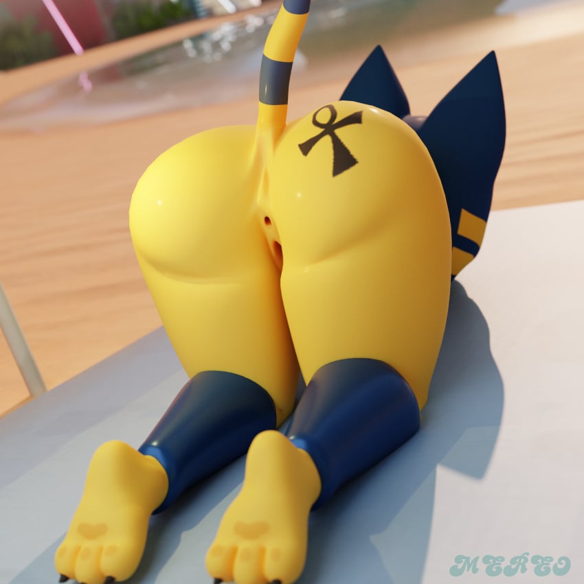 animal_crossing ankha_(animal_crossing) ankha_(hazeker) ass ass_up beach domestic_cat feet felid feline felis female hi_res mammal nintendo solo that1furrydude1