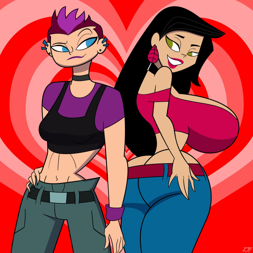 2girls belly_button belt big_ass big_breasts black_hair choker earrings fully_clothed habbo kim_(habbo) les_(habbo) lesbian long_hair looking_at_another pants piercing purple_hair rustysh4ckl3ford shirt short_hair spiky_hair topwear total_drama_(series) yuri