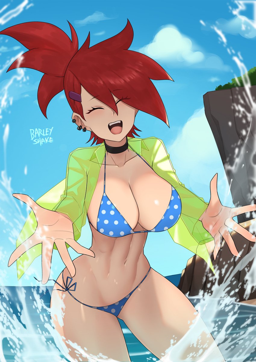 1girls barely_clothed barleyshake beach bikini choker closed_eyes earrings foster's_home_for_imaginary_friends frankie_foster hi_res shaded smiling water