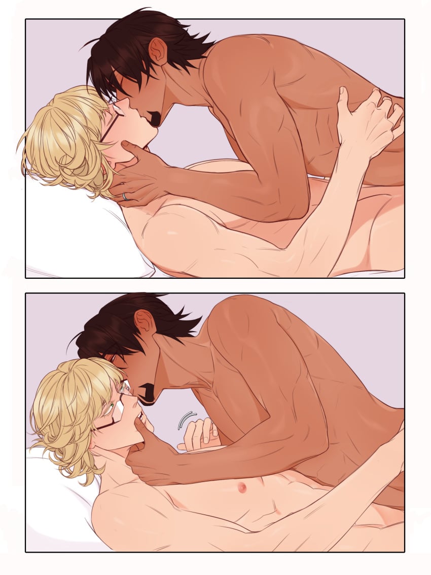 2boys abs age_difference androgynous barnaby_brooks_jr. beard bed bedroom blonde_hair brown_hair closed_eyes dark-skinned_male dark_skin dilf facial_hair gay glasses grabbing kissing kotetsu_t._kaburagi light-skinned_male light_skin lying_on_back lying_on_bed male/male muscular muscular_male older_male open_eyes panels pretty_boy riffraff riffraffhellyea ring romantic romantic_couple tiger_and_bunny yaoi younger_male