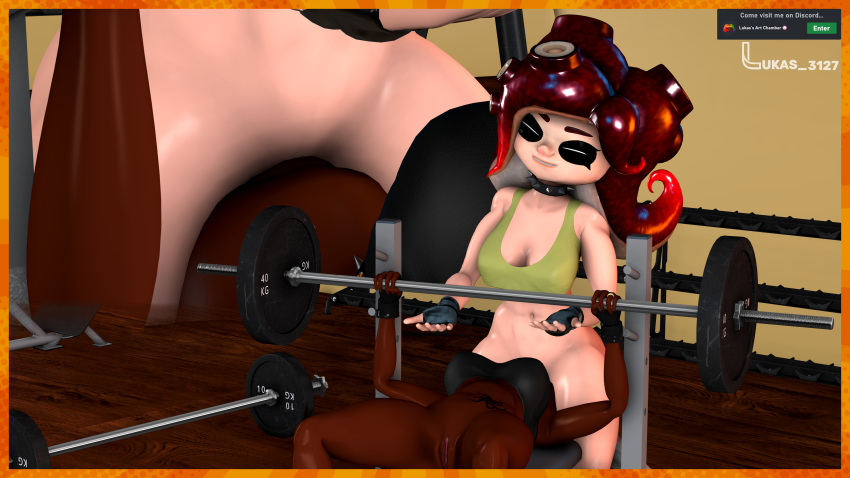 3d 3d_(artwork) barbell lukas_3127 octoling octoling_girl octoling_rival orange_hair red_hair sfm sheila_(wingfury) splatoon tentacle_hair weightlifting weights wing_fury workout workout_clothes yuri