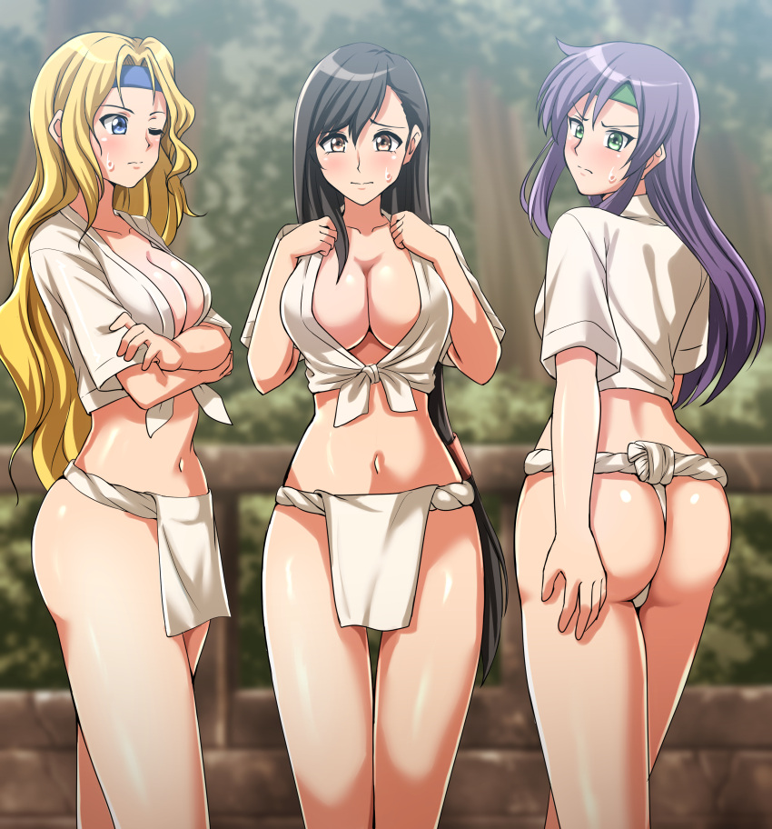 3girls absurd_res ass big_breasts black_hair blonde_hair blue_eyes blurry_background blush breasts brown_eyes celes_chere cleavage commentary company_connection crossover embarrassed faris_scherwiz female female_only final_fantasy final_fantasy_five final_fantasy_vi final_fantasy_vii fundoshi green_eyes happi headband hi_res japanese_clothes long_hair looking_at_viewer midriff nanashi79410097 navel outdoors pelvic_curtain purple_hair request revealing_clothes sidelocks square_enix standing sweat tifa_lockhart variant_set very_long_hair yamakasa