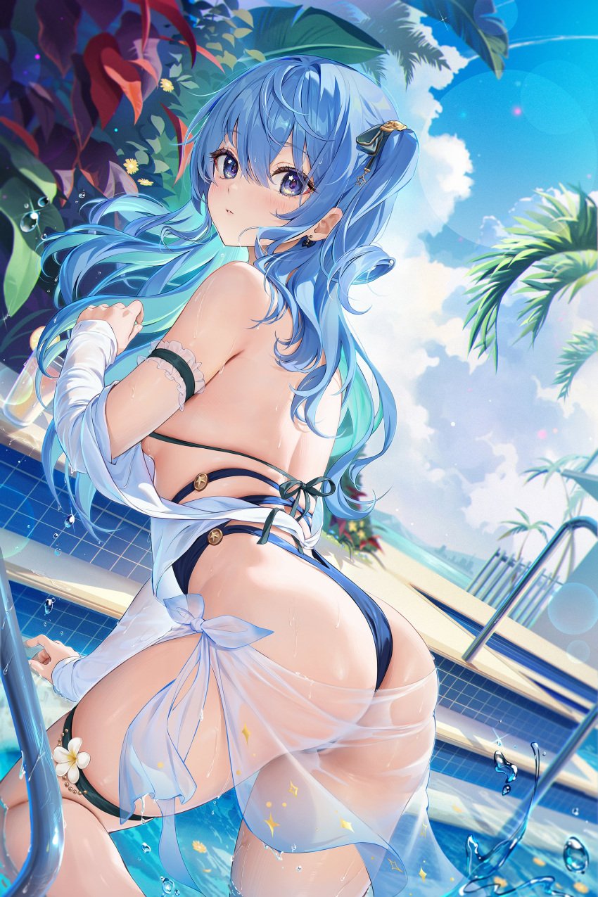 blush climbing ear_piercing flower from_behind highres hololive hololive_gen_0 hololive_japan hoshimachi_suisei houk1se1 large_ass looking_back palm_tree pool_ladder small_breasts splashing swimsuit thick_thighs thigh_strap tropical virtual_youtuber water white_clothing