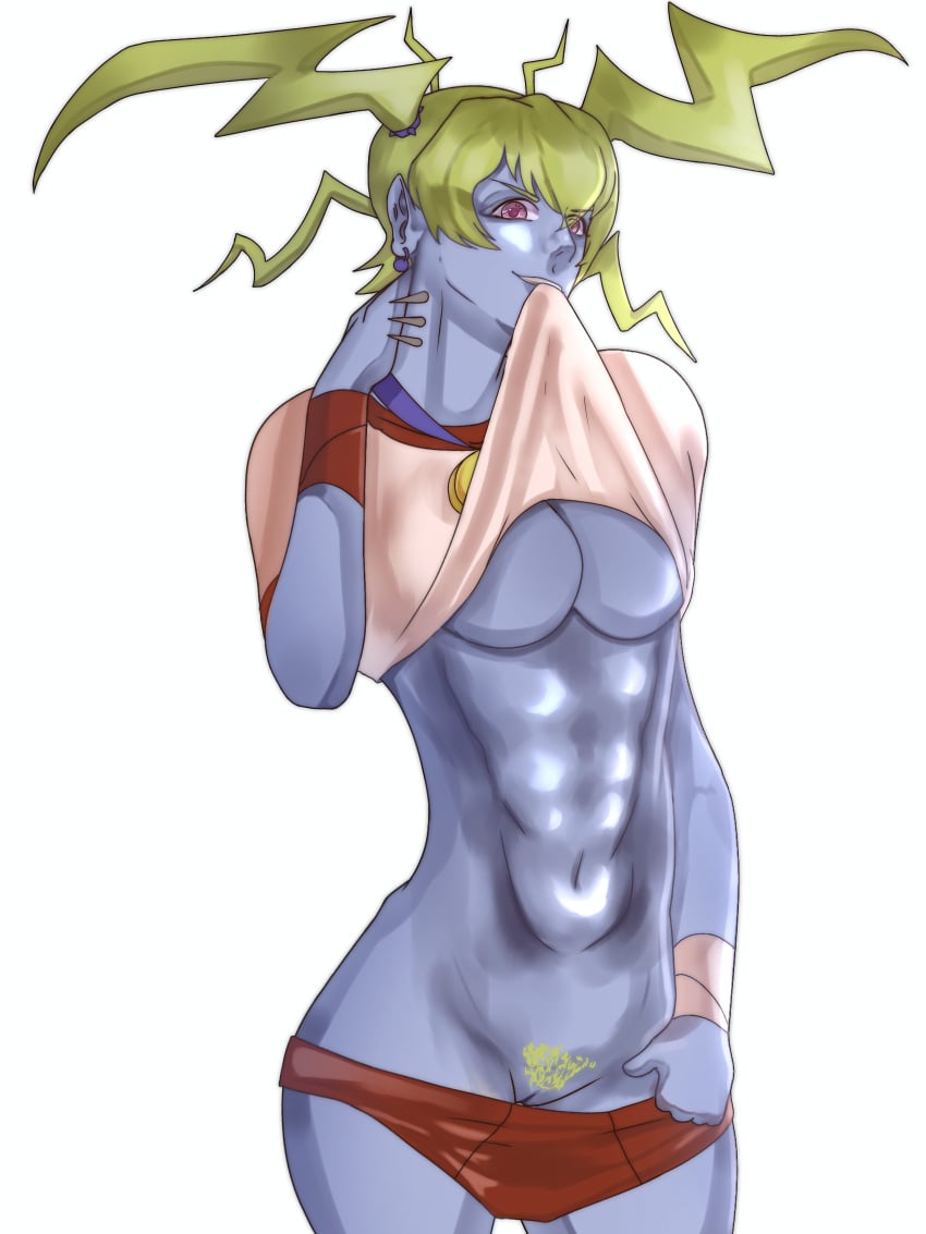 blonde_hair blue_skin cleavage demon demon_girl east_witches_captain gym_clothes gym_shorts hells hells_angels michimiko_29 monster_girl pubes pubic_hair pussy spikes