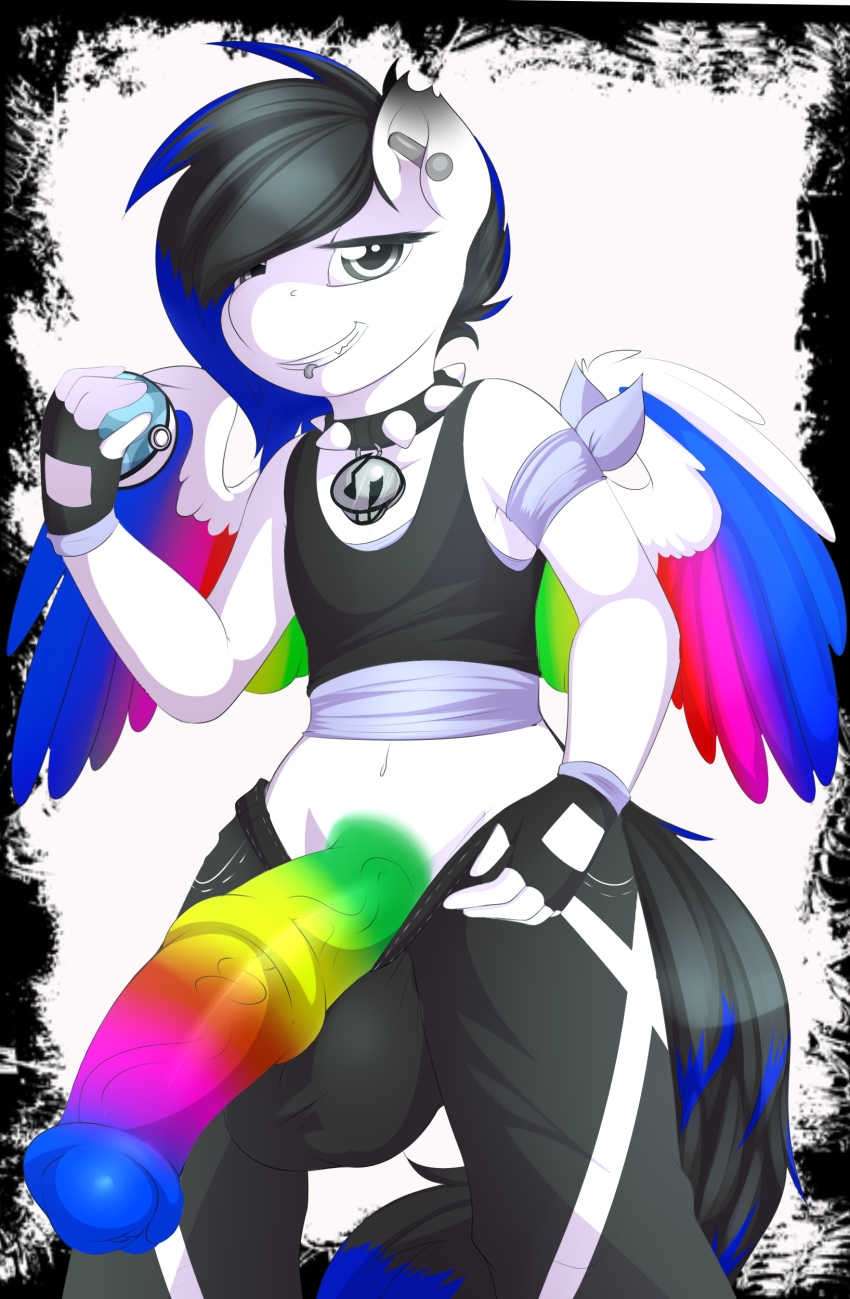 1boy 2016 absurdres animal_genitalia animal_penis anthro camychan choker crossover ear_piercing equine equine_penis facial_piercing fan_character feathered_wings feathers fingerless_gloves furry gloves grey_eyes highres holding_object holding_poke_ball horsecock lip_piercing looking_at_viewer male male_only mammal multicolored_feathers multicolored_hair multicolored_penis multicolored_tail my_little_pony pegasus penis piercing rainbow_feathers rainbow_penis solo testicles two_tone_hair veins veiny_penis wings