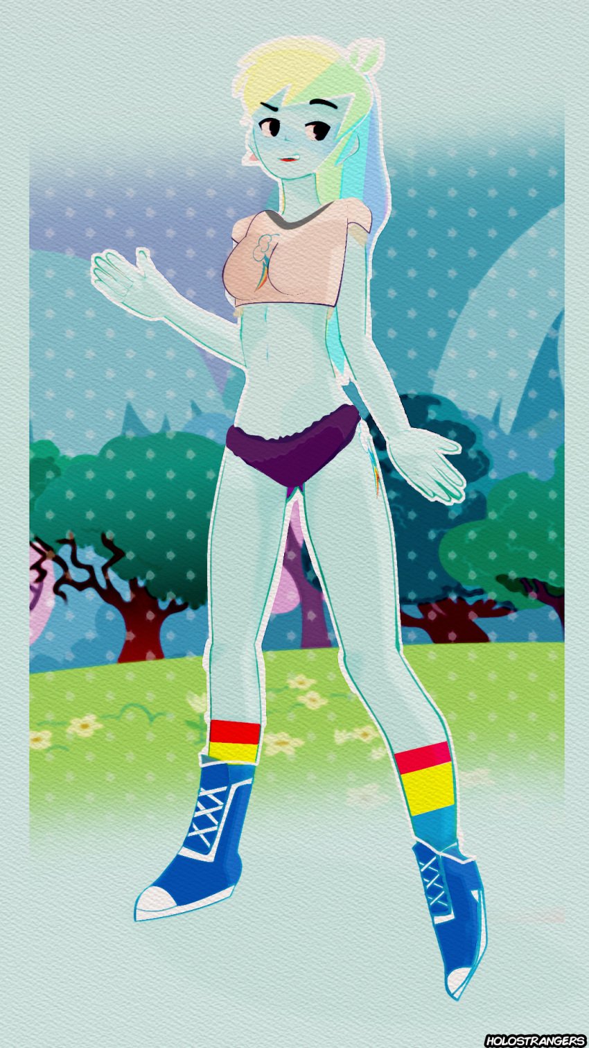 1girls ass blue_body blue_skin breasts exposed female female_focus female_only half-dressed holostrangers looking_at_another my_little_pony my_little_pony_equestria_girls normal_breasts nude purple_eyes rainbow_dash_(mlp) rainbow_hair short_shirt solo solo_focus standing t-shirt tattoo underwear