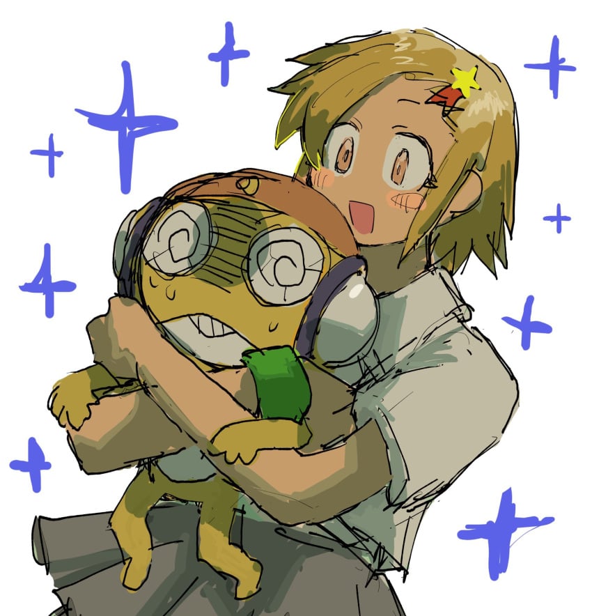 1boy angol_mois blonde_hair dark-skinned_female dark_skin female frog_boy hair_ornament highres hug keroro_gunsou kururu_(keroro_gunsou) not_porn pleated_skirt school_uniform sfw short_hair skirt