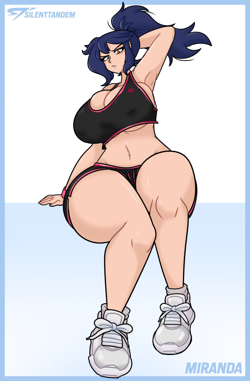 1girls armpits artist_logo big_breasts blue_hair breasts brown_eyes cleavage clothed eyelashes female hand_behind_head heterochromia huge_breasts large_breasts looking_at_viewer midriff miranda_(silenttandem) original ponytail red_eyes shorts silenttandem sitting sneakers solo sports_bra text thick_thighs thighs tied_hair tight_clothing underboob wristband