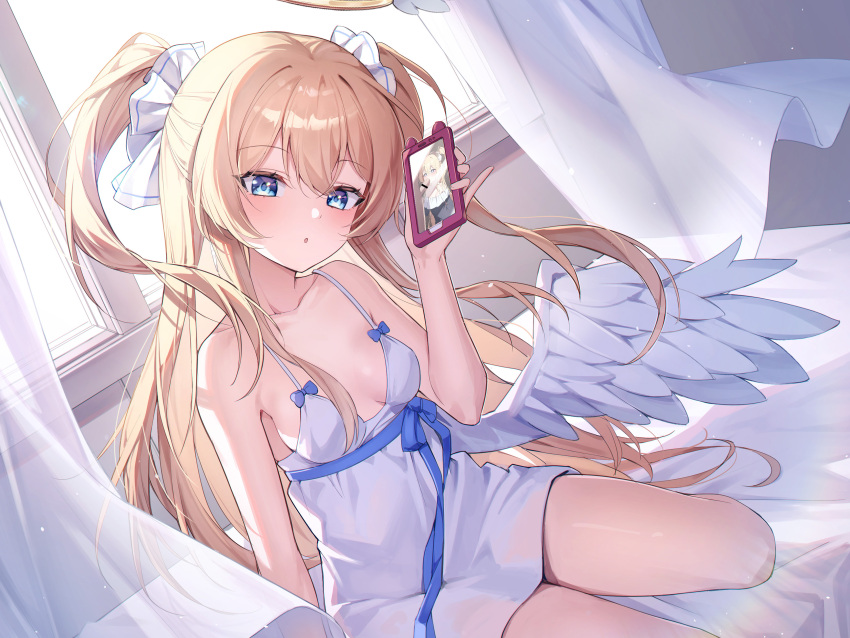 1boy absurdres angel_wings bar_censor bare_shoulders blonde_hair blue_eyes blush breasts cellphone censored curtains feathered_wings fellatio female ggwa halo highres holding holding_phone long_hair looking_at_viewer low_wings multiple_views nightgown non-web_source on_bed oral original parted_lips penis phone sitting small_breasts smartphone two_side_up white_nightgown wind wings