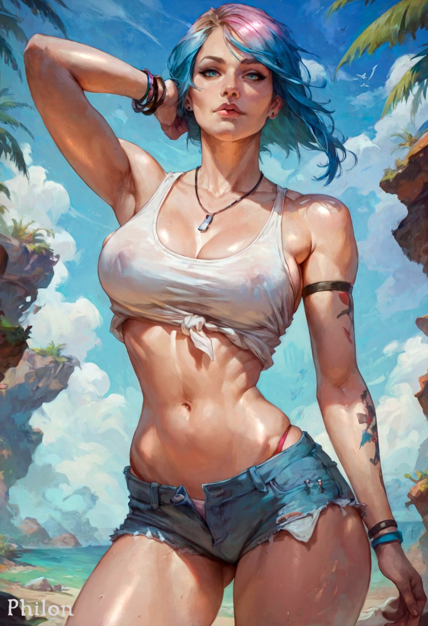 1girls abs ai_generated arm_up armlet armpits bare_shoulders beach blue_eyes blue_hair blue_shorts blue_sky bracelet breasts chloe_price cleavage cloud collarbone contrapposto covered_nipples cowboy_shot crop_top cutoffs day denim denim_shorts ear_piercing earrings front-tie_top highleg jewelry large_breasts life_is_strange lips looking_at_viewer midriff multicolored_hair muscular muscular_female navel necklace nose ocean open_fly outdoors palm_tree panties philon piercing pink_hair pink_panties see-through shirt short_hair short_shorts shorts sky solo stable_diffusion standing stomach sweat tank_top tattoo thighs thong_above_shorts tied_shirt toned tree two-tone_hair underwear wet wet_clothes wristband