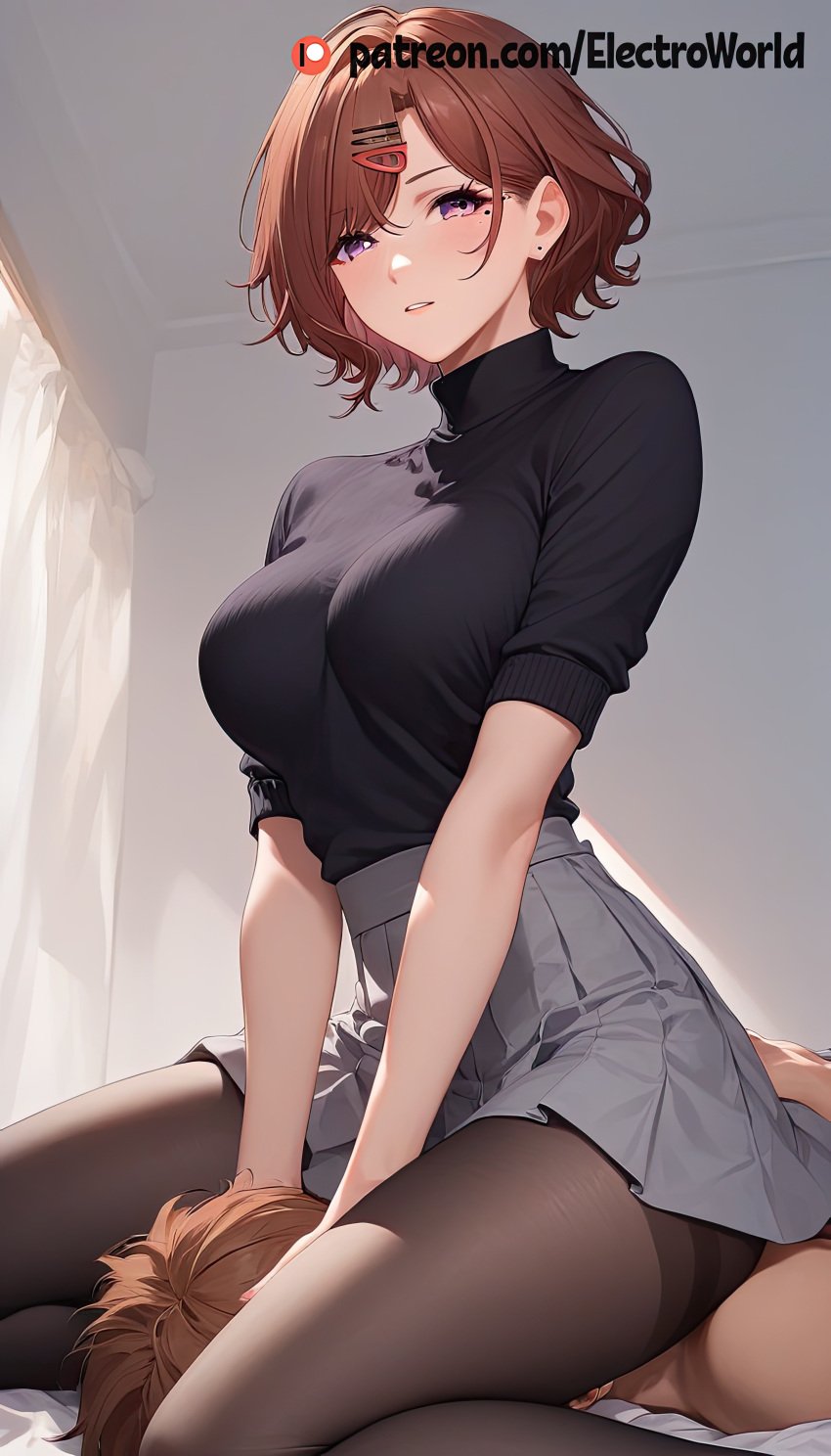 1boy 1girls ai_generated brown_hair clothed_female clothed_female_nude_male cunnilingus electroworld facesitting higuchi_madoka idolmaster looking_at_viewer moaning mole mole_under_eye nude orgasm pantyhose purple_eyes pussy_juice shirt short_hair skirt turtleneck unseen_male_face