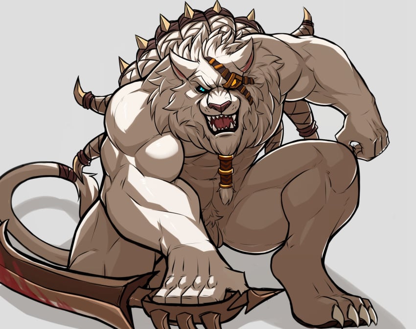 2016 anthro balls barely_visible_genitalia blood claws drks feline flaccid fur hair hi_res holding_object holding_weapon league_of_legends lion looking_at_viewer male male_only mammal melee_weapon muscular muscular_male nude penis pose rengar riot_games simple_background smile solo teeth toe_claws video_games weapon white_fur