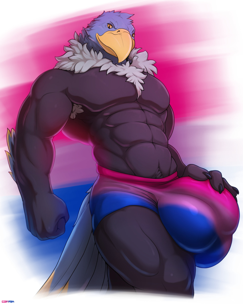 abs accipitrid accipitriform ahab_(ahugebird) anthro armpit_hair avian beak biceps big_bulge bird bisexual_pride_colors black_body black_feathers blue_body blue_feathers body_hair bulge clothed clothing corrsk digital_media_(artwork) eagle feathers grey_body grey_feathers hi_res huge_bulge lgbt_pride looking_at_viewer male muscular muscular_anthro muscular_male pecs pride_colors simple_background smile solo tail underwear