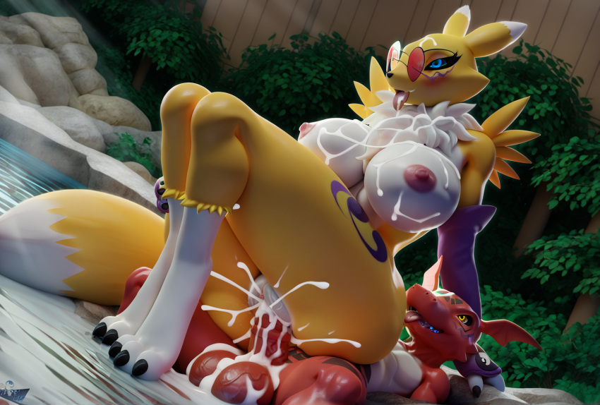 3d ai_generated anthro bathing big_ass big_balls big_breasts big_penis creamhorseai cum cum_on_body cum_on_breasts cum_on_face digimon female guilmon huge_balls huge_breasts huge_cock hyper_penis male male/female renamon