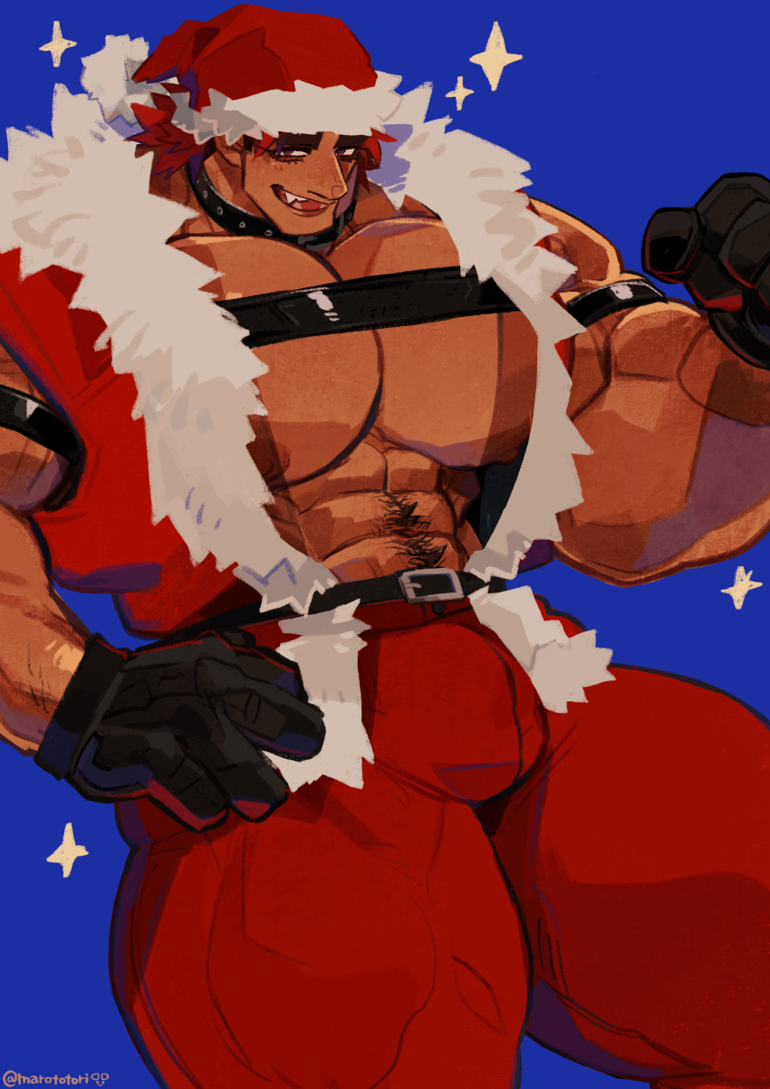 balls bara big_balls big_muscles big_penis blush bulge christmas flaccid gloves harness jacket jacket_open male male_only marototori muscles muscular penis santa_hat solo solo_male