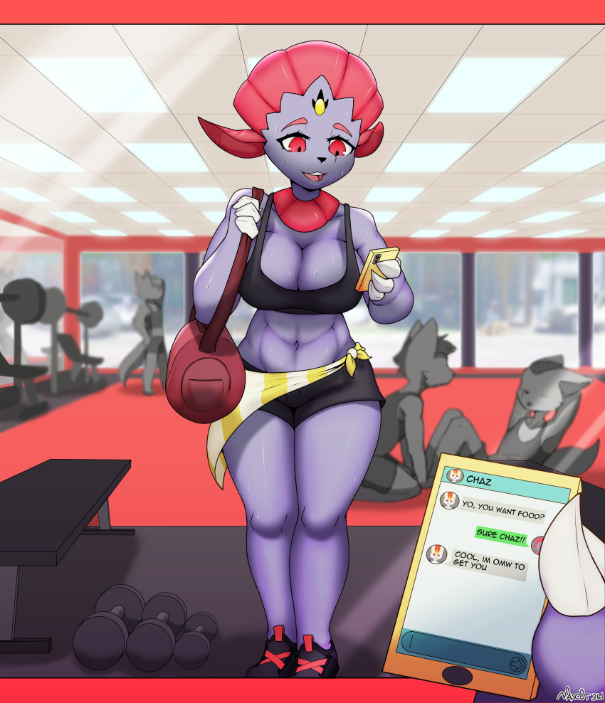 big_breasts breasts cleavage female gym masc0t361 muscular pokémon_(species) pokemon thick_thighs weavile wide_hips