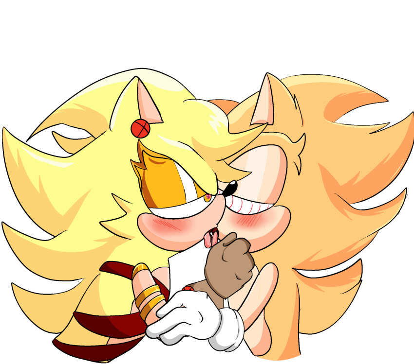 2boys ankifun blush ear_piercing fleetway_super_sonic gay kissing male/male open_mouth red_eyes simple_background sonic.exe_(series) tongue tongue_kiss tongue_out white_background yellow_body yellow_fur yellow_hair yokubo_(sonic.exe)