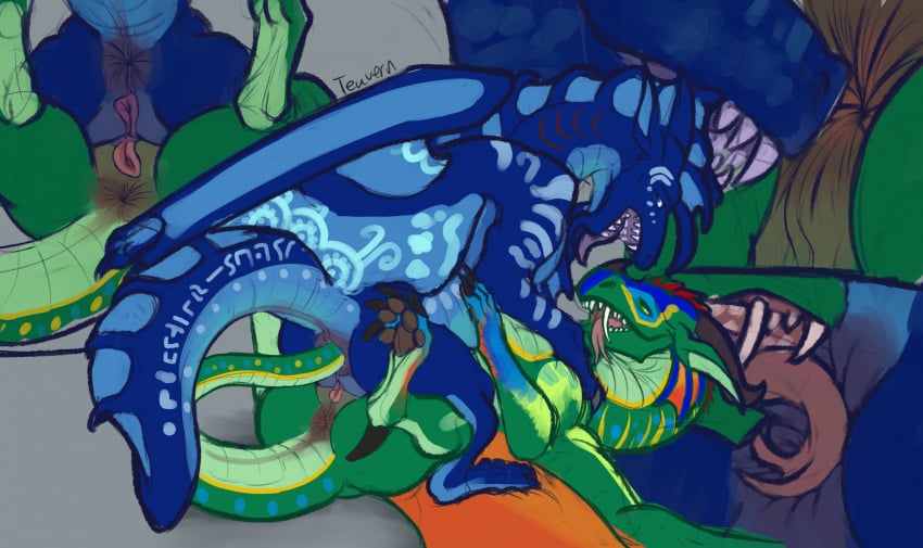 anal anal_sex anus ass blue_body blue_scales brown_claws brown_pawpads butt_sniffing claws dragon duo female female/female feral genitals glory_(wof) green_body green_scales hi_res mythological_creature mythological_scalie mythology oral pawpads penetration pussy rimming scales scalie sex sniffing tail tail_fetish tail_in_ass tail_insertion tail_play teavern tongue tsunami_(wof) wings_of_fire