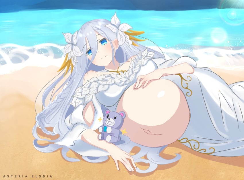 1girls 2d ass asteria_elodia beach big_breasts blue_eyes breasts date_a_live dress hyper_belly light-skinned_female long_hair pregnant pregnant_female solo solo_female takamiya_mio variant_set white_hair