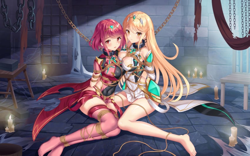 2girls blonde_hair bondage chain_leash chains collar dungeon mythra pyra red_hair restrained tied_together tied_up xenoblade_(series) xenoblade_chronicles_2