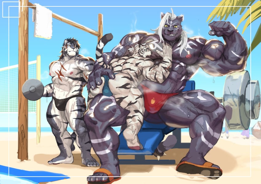 2024 abs absurd_res anthro anthro_on_anthro areola ass barazoku barbell barefoot beach biceps big_bulge big_butt big_muscles bodily_fluids bulge butt_grab camera_view claws clothed clothing day dumbbell exercise feet felid flexing footwear fur group gym hair hand_on_butt hi_res huge_muscles huge_thighs kemono leaf long_hair male male/male mammal manly markings muscular muscular_anthro muscular_male net nipples outside palm_tree pantherine pecs plant plantigrade quads sand sandals scar serratus sitting size_difference smile speedo standing sweat swimwear thick_thighs tiger topless topless_anthro topless_male traver009 tree trio tuft vein veiny_muscles volleyball_net weight_bench weightlifting weights workout