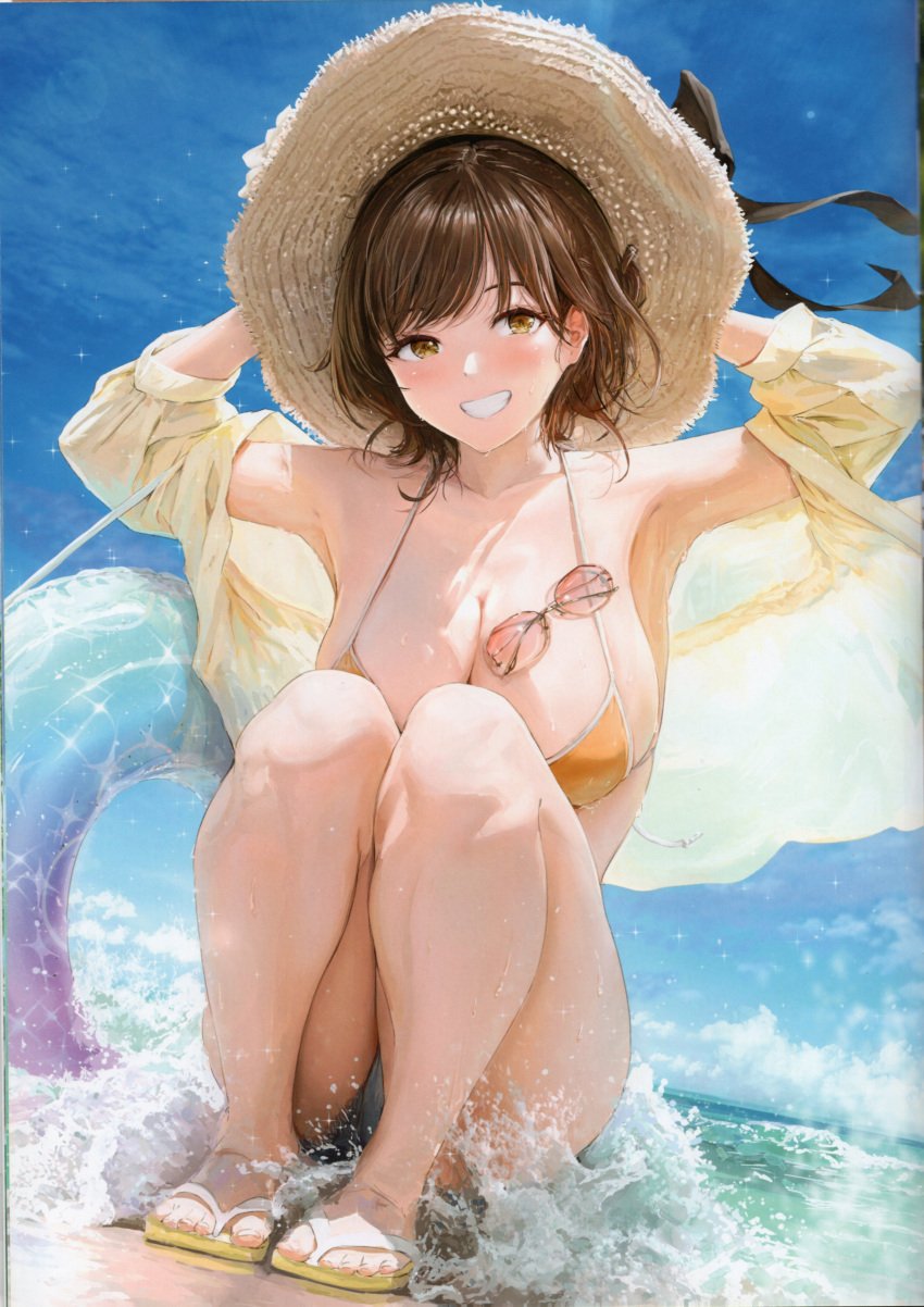 1girls absurd_res absurdres akita_hika akitahika44 areola_bulge armpits arms_up bare_armpits bare_belly bare_calves bare_chest bare_knees bare_legs bare_midriff bare_shoulders bare_skin bare_thighs bare_toes bare_torso beach bikini bikini_top black_ribbon blouse blue_sky breasts brown_eyebrows brown_hair brown_hair_female cleavage clouds coast collarbone day daylight daytime dot_nose elbows feet female female_focus female_only flip_flops foam full_body groin half_naked hands_above_head hat hat_ribbon head_tilt high_resolution highres hourglass_figure knees large_breasts legs light-skinned_female light_skin long_hair looking_at_viewer naked naked_female nipple_bulge nude nude_female ocean original original_art original_artwork original_character original_characters outdoor outdoors outside pussy ribbon sand sandals sea seaside shoulders sky slender_body slender_waist slim_girl slim_waist smile smiling smiling_at_viewer soles solo squatting straw_hat string_bikini sunglasses sunglasses_removed swimsuit swimwear thick_thighs thighs thin_waist tilted_head toes water waves wet wet_belly wet_bikini wet_body wet_breasts wet_clothes wet_clothing wet_face wet_hair wet_legs wet_pussy wet_shirt wet_skin wet_thighhighs wet_thighs wide_hips yellow_bikini yellow_bikini_top yellow_blouse yellow_eyes yellow_eyes_female yellow_sandals yellow_string_bikini yellow_swimsuit yellow_swimwear