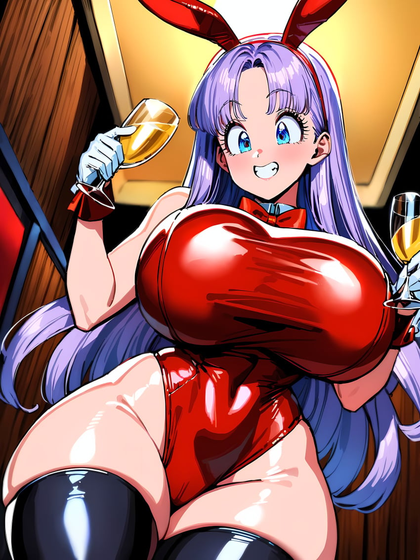 1girls ai_generated big_breasts black_legwear black_thighhighs blue_eyes blush breasts breasts bulma_briefs bunny_ears bunnysuit champagne champagne_glass clothed clothed_female clothing curvaceous curves curvy curvy_body curvy_female curvy_figure curvy_hips dragon_ball dragon_ball_z eyebrows eyelashes female female_only glasses grin hips holding holding_object huge_breasts legs legs_together legwear light-skinned_female light_skin long_hair low-angle_view open_eyes pale-skinned_female pale_skin red_clothing red_ribbon ribbon solo solo_female standing thick_thighs thighhighs thighs tight_clothing tight_fit voluptuous voluptuous_female white_skin