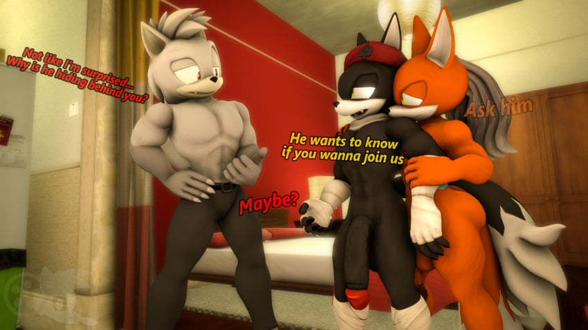 3d_(artwork) ace_(mrfrenchyjackal) adam_(juicyducksfm) anthro balls beret big_balls big_penis black_body black_fur bottomwear canid canine canis clothing dialogue digital_media_(artwork) fan_character fur genitals gesture grey_body grey_fur group hand_gesture hat headgear headwear hi_res hug hugging_another hugging_from_behind inside jackal juicyducksfm living_room looking_at_another male male/male mammal muscular muscular_male nude orange_body orange_fur pants penis phase_(mrfrenchyjackal) red_eyes sega shy sonic_(series) sonic_the_hedgehog_(series) source_filmmaker_(artwork) text trio white_body white_fur wolf yellow_eyes