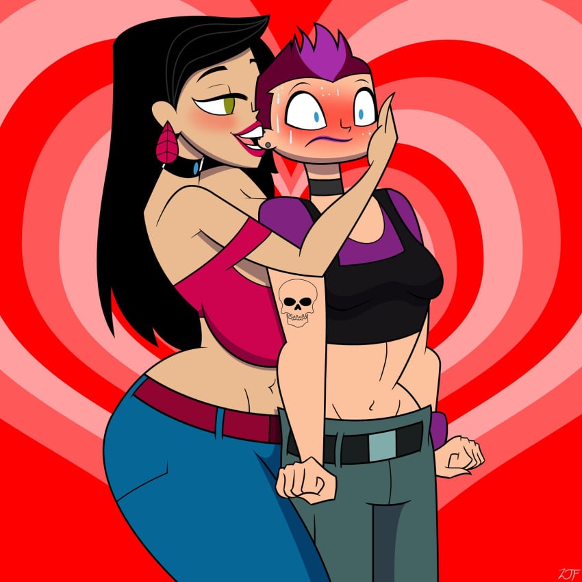 2girls belly_button belt big_ass big_breasts biting_ear black_hair blushing choker ear_biting earrings face_touching fully_clothed habbo kim_(habbo) les_(habbo) lesbian long_hair pants piercing purple_hair rustysh4ckl3ford shirt short_hair spiky_hair sweat topwear yuri