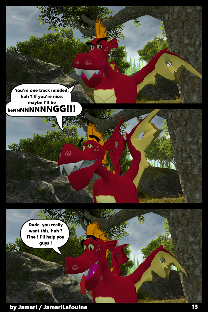 2017 3d anthro comic dragon english_text fellatio forest friendship_is_magic garble_(mlp) jamari male membranous_wings my_little_pony oral scales scalie sex text tree wings yaoi