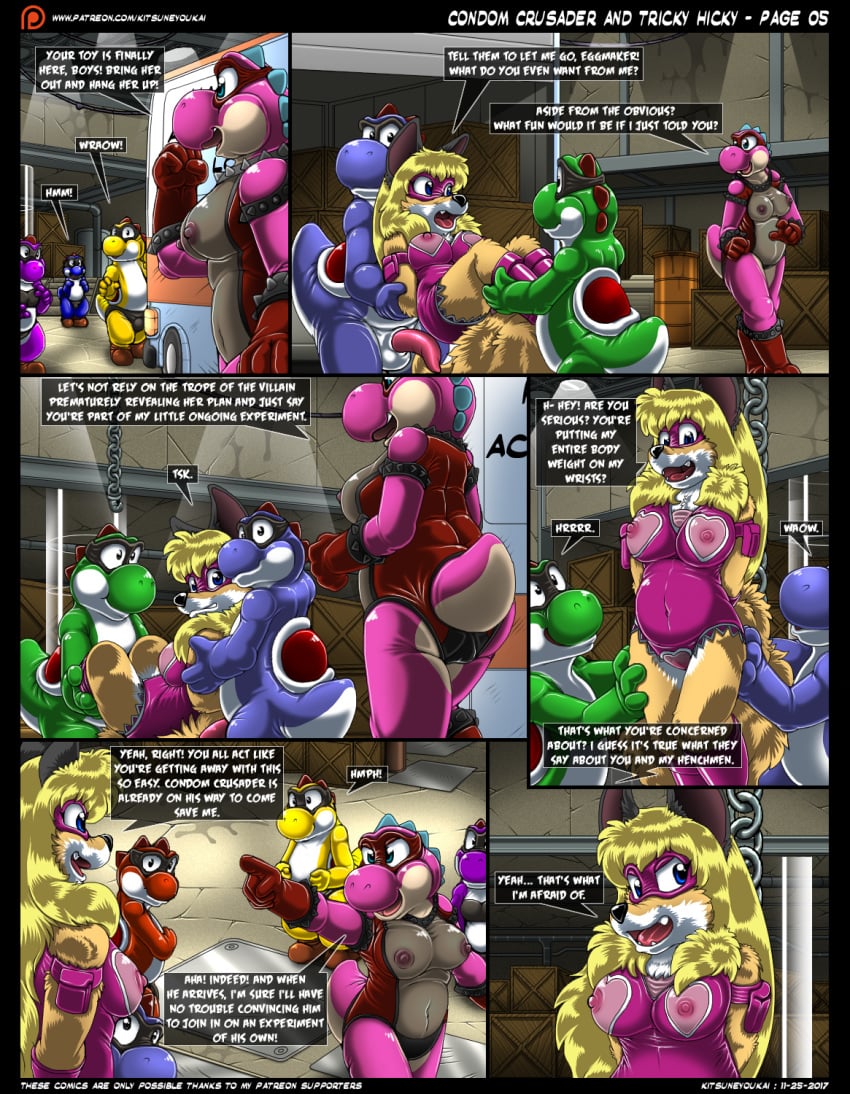 2017 anthro areola balls blue_eyes blue_yoshi breasts canine comic condom_crusader eggmaker english_text fangs female fox green_yoshi kit_(kitsune_youkai) kitsune_youkai male mammal mario_(series) nintendo nipples open_mouth page_5 penis pink_yoshi purple_yoshi pussy red_yoshi rubber_lass speech_bubble teeth text tongue twilight_stormshi_(character) video_games yellow_yoshi yoshi