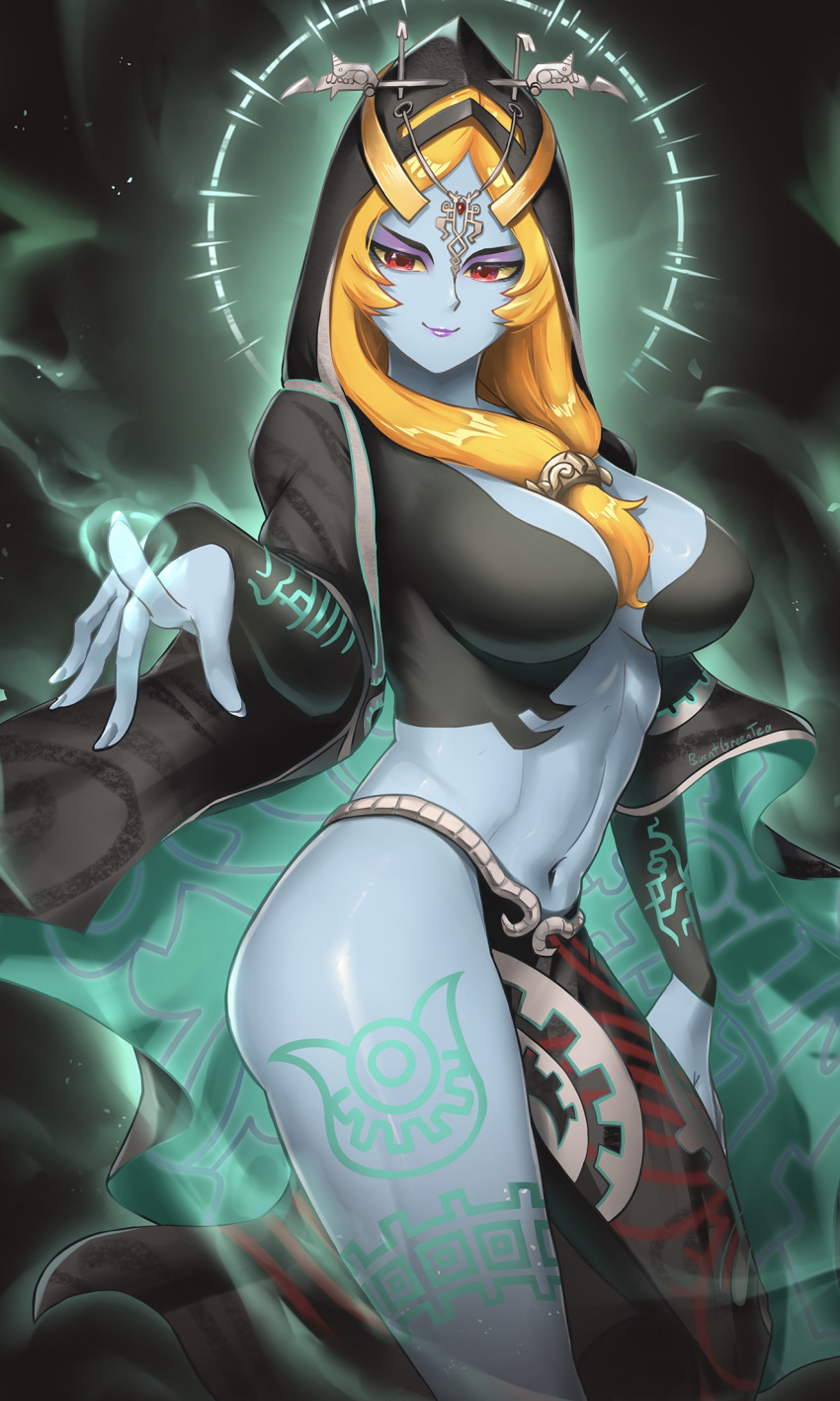 1girls black_skin blue_skin breasts burnt_green_tea colored_sclera colored_skin cowboy_shot female front_ponytail gradient_background grey_skin hand_up highres hood hood_up large_breasts leg_tattoo long_hair looking_at_viewer midna multicolored_skin navel nintendo orange_hair pointy_ears red_eyes shiny_skin smile solo tattoo the_legend_of_zelda the_legend_of_zelda:_twilight_princess twili_midna twilight_princess two-tone_skin yellow_sclera