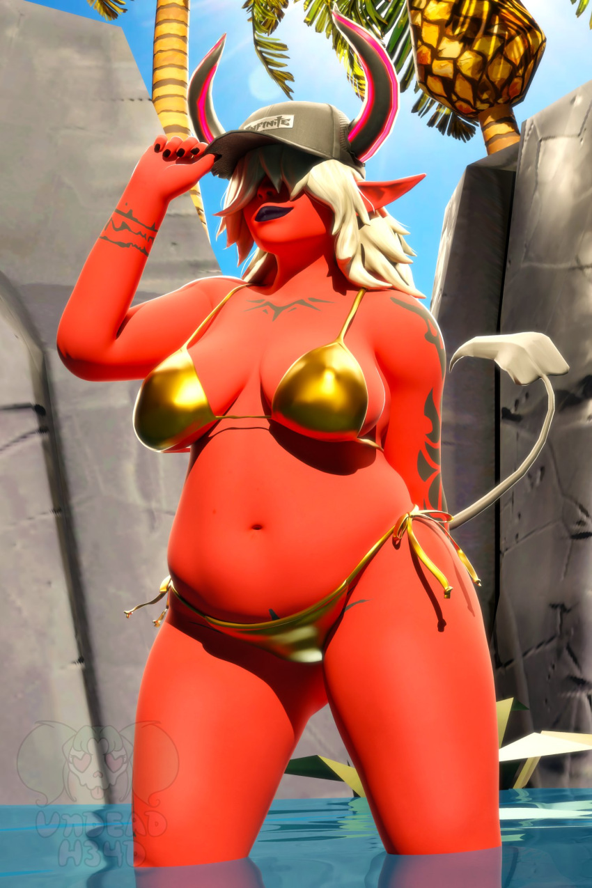 3d 3d_(artwork) bangs_over_eyes bikini blender blender_(software) blender_cycles chubby chubby_female demon demon_girl demon_horns demon_tail desdemona_(fortnite) female female_only fortnite fortnite:_battle_royale golden_bikini red_skin solo solo_female solo_focus tattoo tattoos undead_h34d white_hair