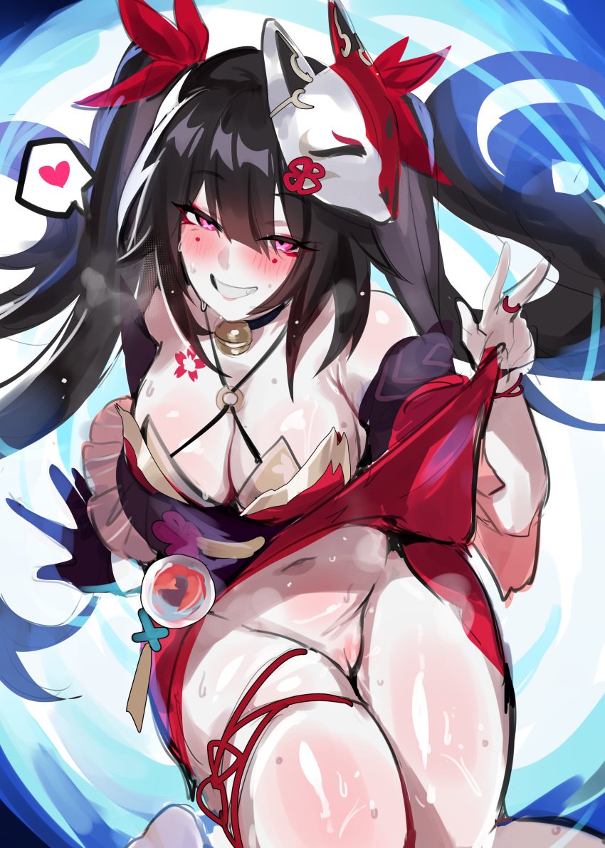 1girls absurdres bare_shoulders black_hair blush breasts choker cleavage detached_sleeves dress female flower_tattoo fox_mask grin highres honkai:_star_rail honkai_(series) kurenaiz1 kurenaiz_(kuayrenaiz) large_breasts long_hair looking_at_viewer mask mask_on_head navel no_panties pink_eyes pussy red_dress smile solo sparkle_(honkai:_star_rail) tattoo thighs twintails