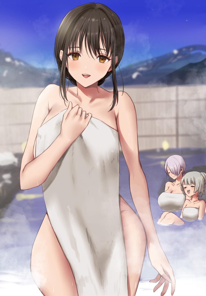 3girls :d bathing blush brid_(nikke) brown_eyes cleavage closed_eyes diesel_(nikke) female female_focus female_only fence goddess_of_victory:_nikke grey_hair hotsprings long_hair looking_at_viewer multiple_girls night onsen open_mouth outdoors rocks smiling soline_(nikke) steam thighs towel towel_only yamamori_kinako