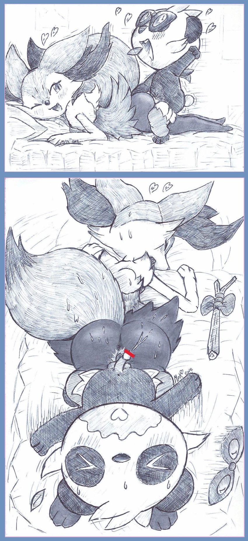 1boy 1girls anus ass bed big_ears blue_border blush braixen canine closed_eyes doggy_style eyelashes female fox from_behind fullfolka furry heart interspecies looking_back male monochrome motion_lines nintendo nude open_mouth pancham panda partially_colored penis pokémon_(species) pokemon pokemon_(species) pokemon_xy pussy sex size_difference sketch standing straight sunglasses sweat tail teeruuna teeth text video_games watermark wet wince