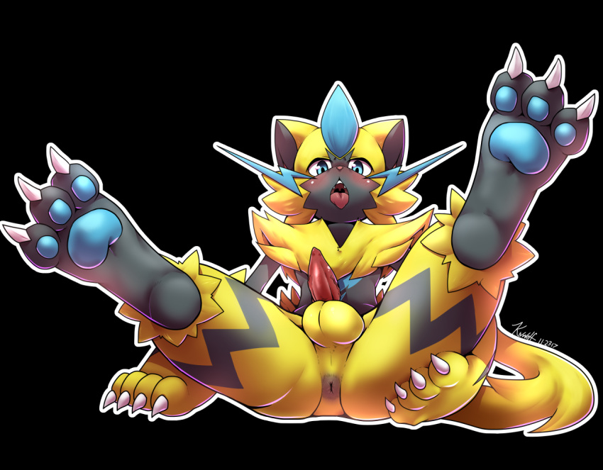 1boy 2017 anthro anus ass black_background black_fur blue_eyes blush claws feet feline fur furry hand_on_ass kivwolf leaning leaning_back legendary_pokémon legs_up looking_at_viewer male male_only male_zeraora mammal nintendo nude open_mouth pawpads paws penis pokémon_(species) pokemon pokemon_usm presenting presenting_anus presenting_hindquarters simple_background sitting solo solo_male spread_legs spreading tail teeth testicles text thick_thighs tongue tongue_out veins veiny_penis video_games whiskers white_border white_fur yellow_fur zeraora