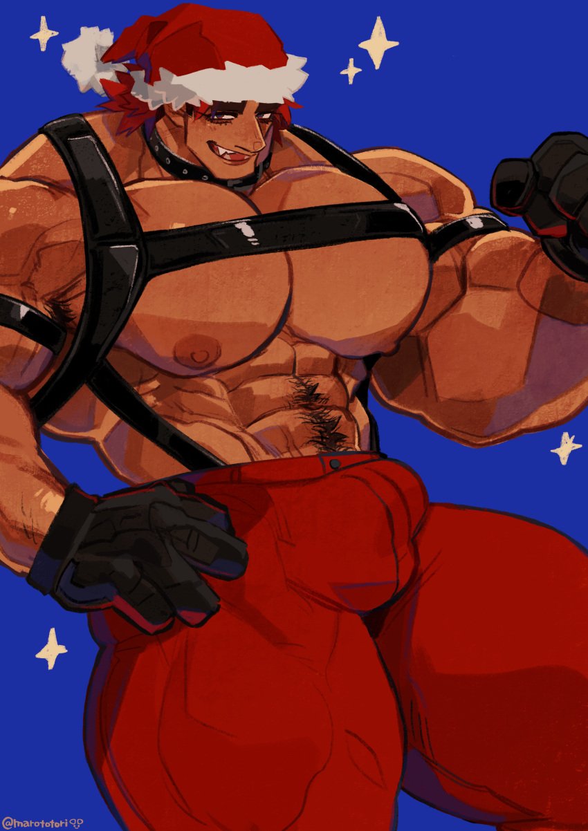 balls bara big_balls big_muscles big_penis blush bulge christmas flaccid gloves harness male male_only marototori muscles muscular penis santa_hat shirtless solo solo_male