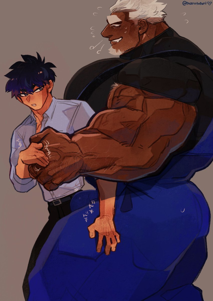 balls bara big_balls big_muscles big_penis blush bulge clothing facial_hair flaccid fully_clothed gay male male_only marototori muscles muscular penis size_difference